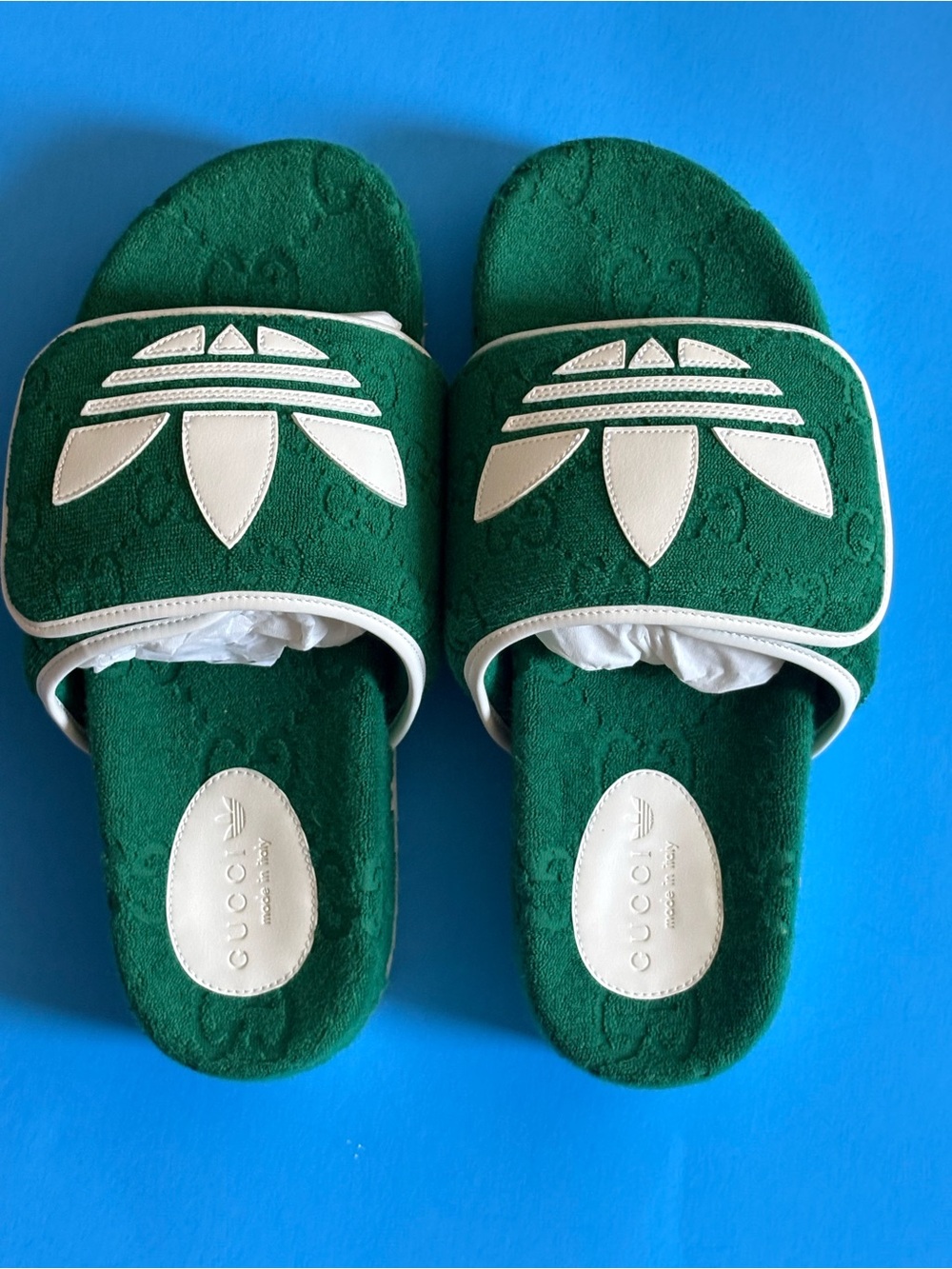 💟 Men’s Gucci x Adidas Green Suede Slide Sandals with White Trim size 8